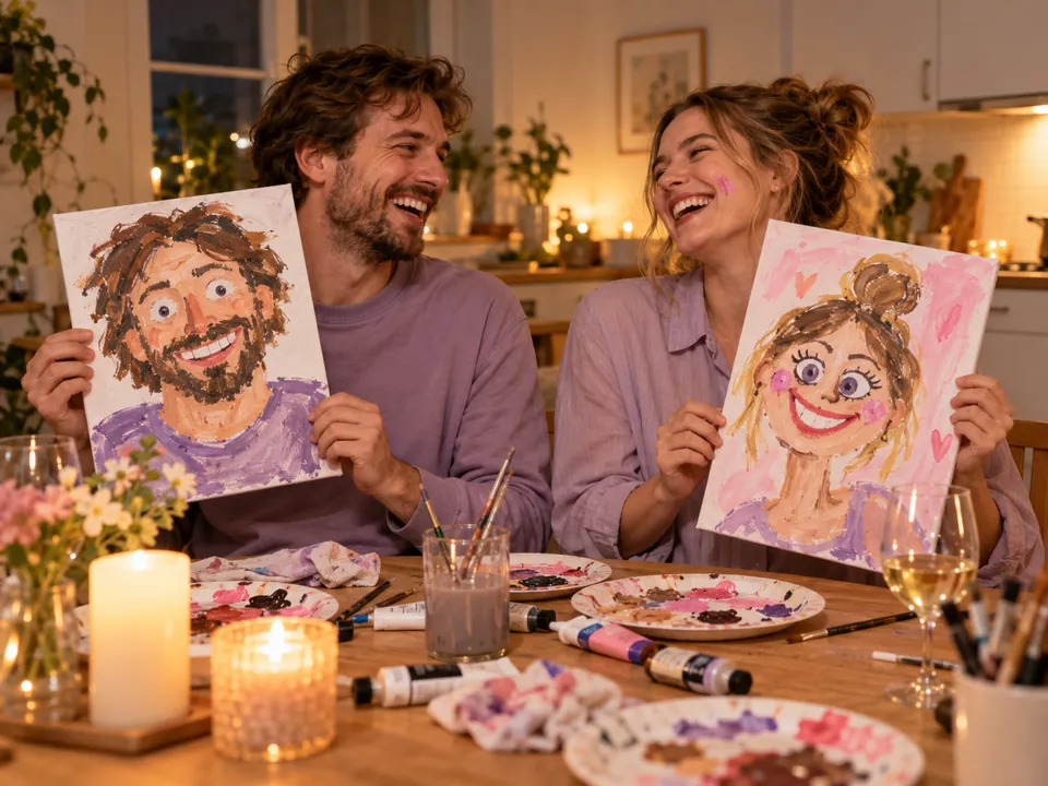 A laughing couple shows off the silly portraits they painted at an art night.